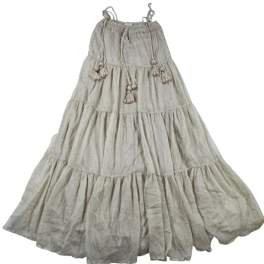 Storia Gold Star Tiered Maxi Dress Beige Tassel Boho Celestial Flowy XS Cottage